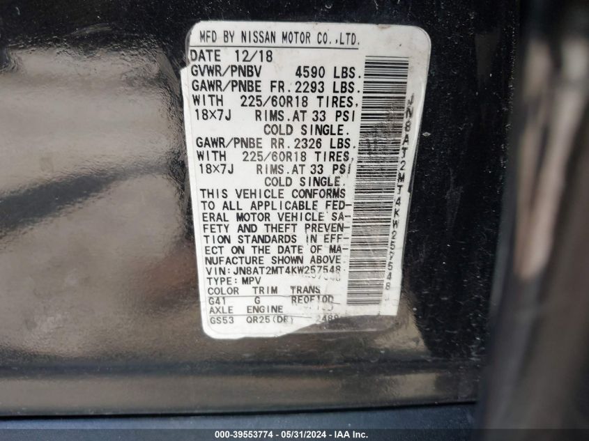 2019 Nissan Rogue Sv VIN: JN8AT2MT4KW257548 Lot: 39553774