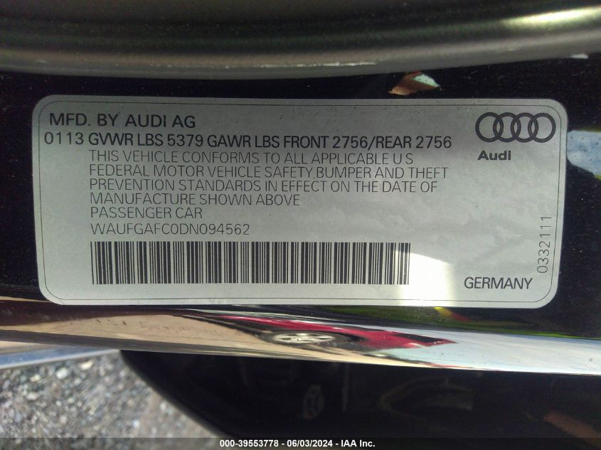 2013 Audi A6 3.0T Premium VIN: WAUFGAFC0DN094562 Lot: 39553778