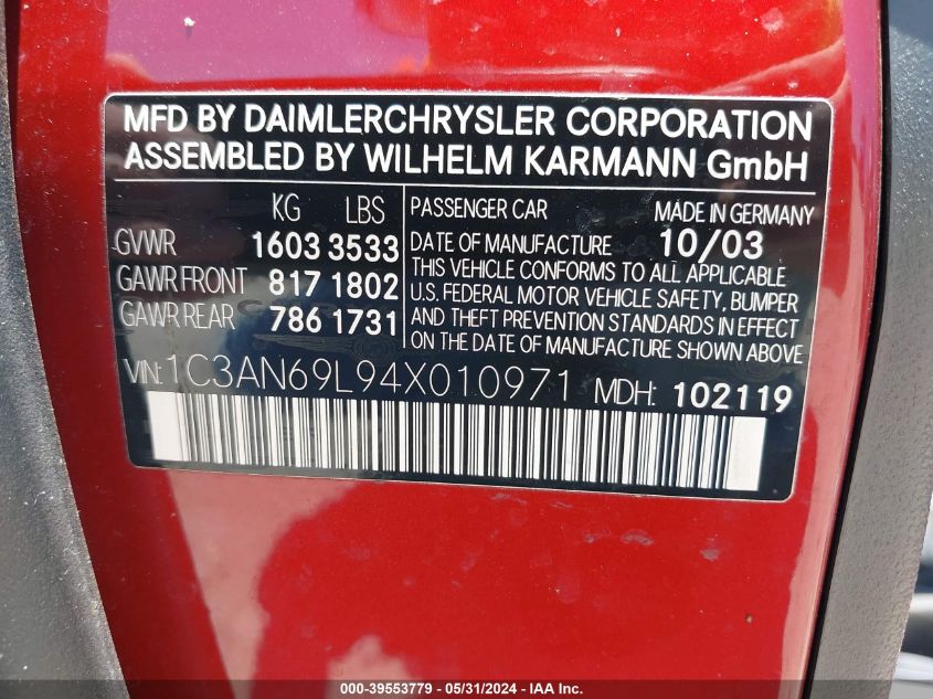 2004 Chrysler Crossfire VIN: 1C3AN69L94X010971 Lot: 39553779