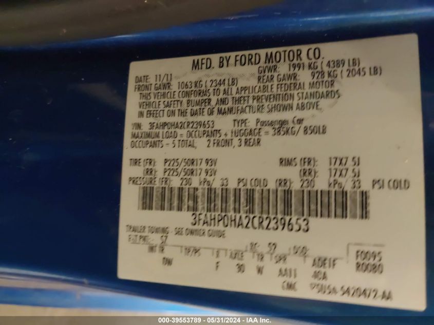 2012 Ford Fusion Se VIN: 3FAHP0HA2CR239653 Lot: 39553789