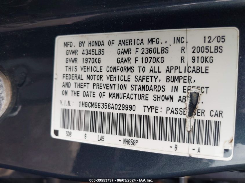 2006 Honda Accord 3.0 Lx VIN: 1HGCM66356A029990 Lot: 39553797
