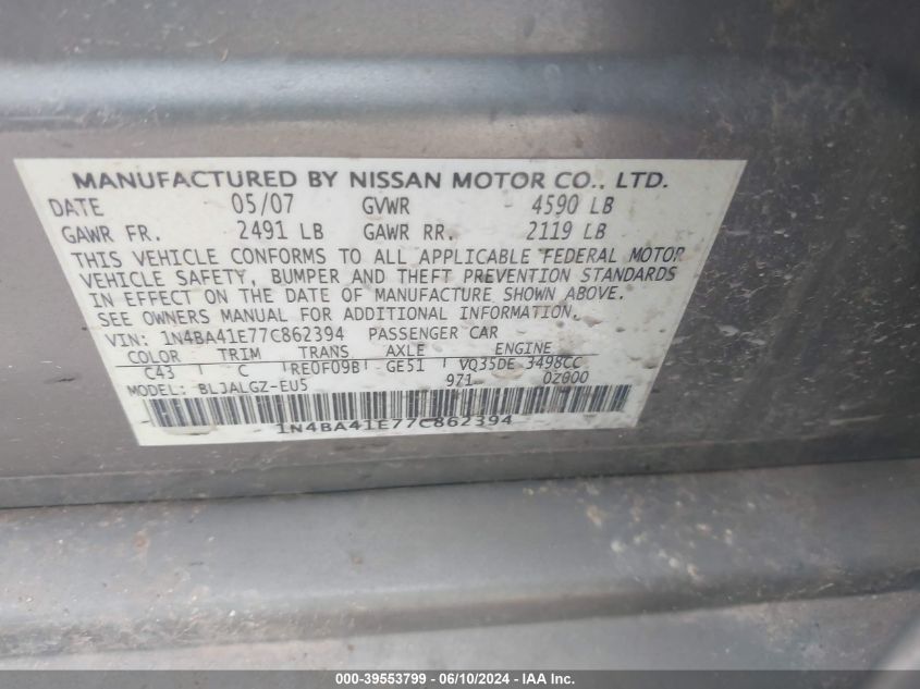 2007 Nissan Maxima 3.5 Sl VIN: 1N4BA41E77C862394 Lot: 39553799