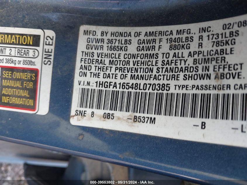 2008 Honda Civic Lx VIN: 1HGFA16548L070385 Lot: 39553802