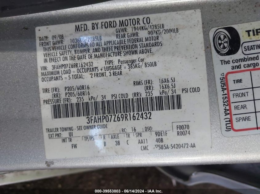 2009 Ford Fusion Se VIN: 3FAHP07Z69R162432 Lot: 39553803