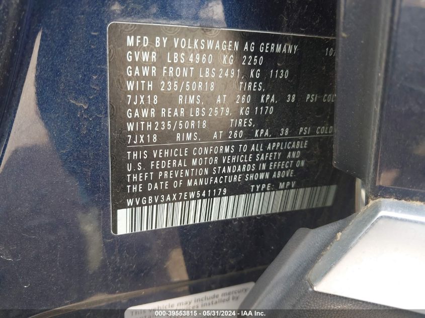 2014 Volkswagen Tiguan Sel VIN: WVGBV3AX7EW541179 Lot: 39553815