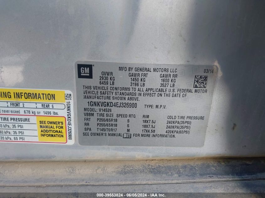 2014 Chevrolet Traverse 1Lt VIN: 1GNKVGKD4EJ326900 Lot: 39553824