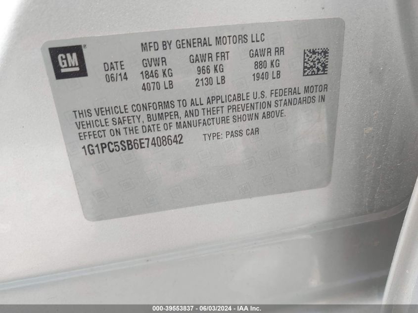 2014 Chevrolet Cruze Lt VIN: 1G1PC5SB6E7408642 Lot: 39553837