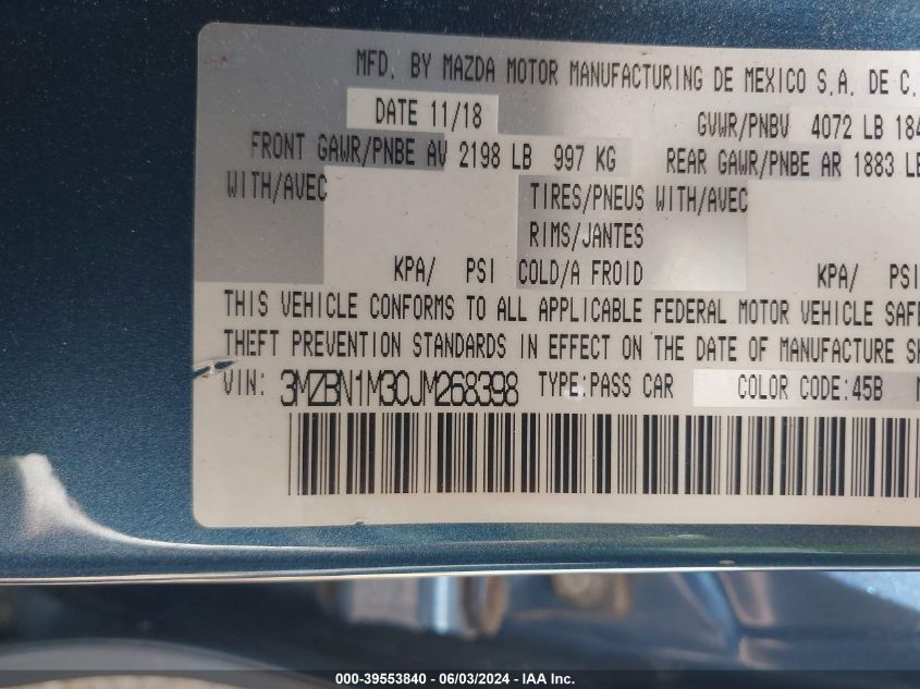 2018 Mazda Mazda3 Grand Touring VIN: 3MZBN1M30JM268398 Lot: 39553840