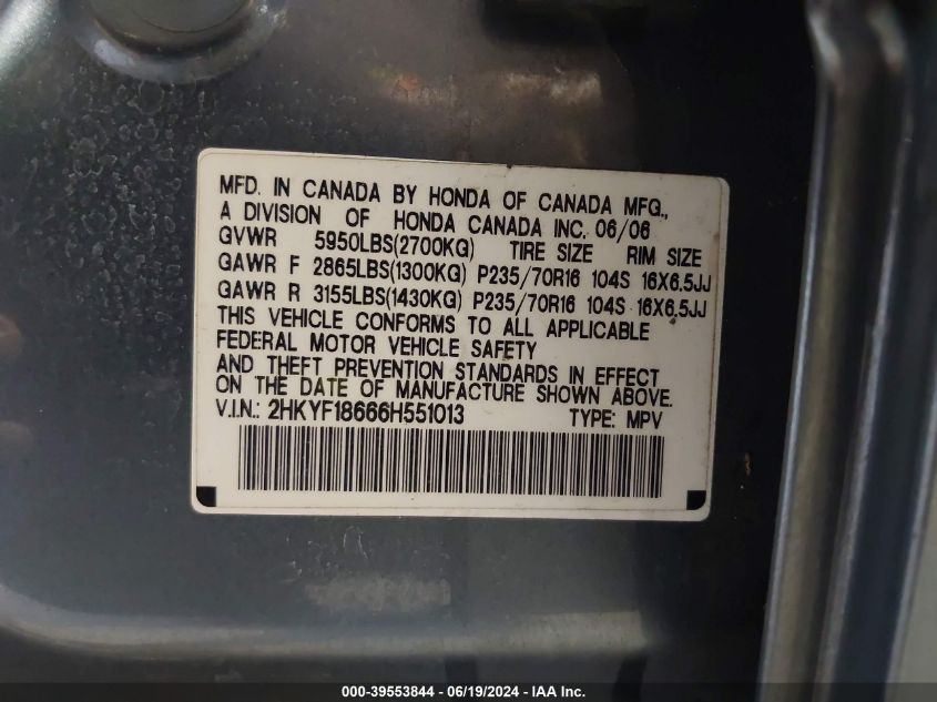 2006 Honda Pilot Ex-L VIN: 2HKYF18666H551013 Lot: 39553844