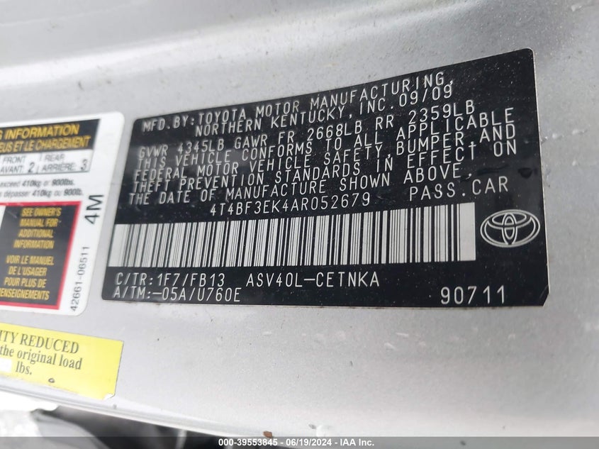 2010 Toyota Camry Le VIN: 4T4BF3EK4AR052679 Lot: 39553845