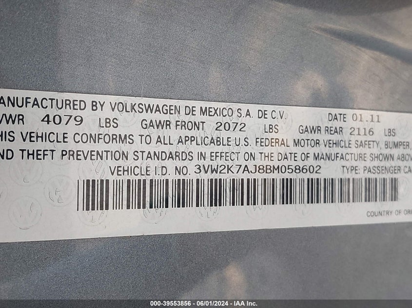 2011 Volkswagen Jetta 2.0L S VIN: 3VW2K7AJ8BM058602 Lot: 39553856