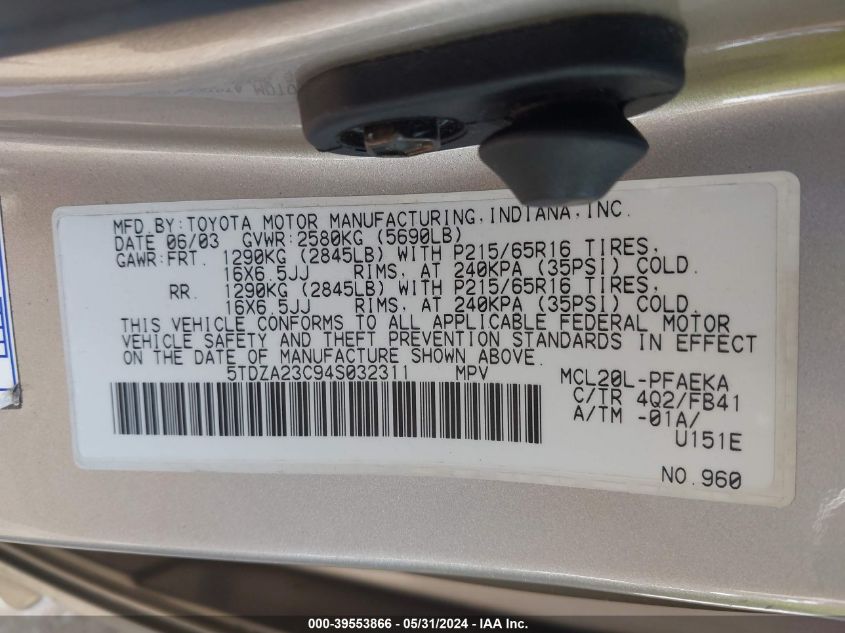 2004 Toyota Sienna Le VIN: 5TDZA23C94S032311 Lot: 39553866