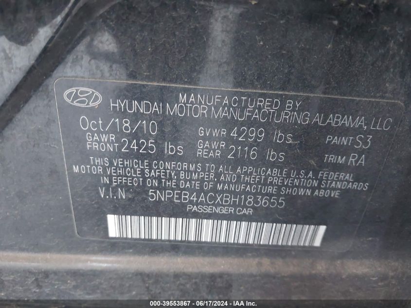 5NPEB4ACXBH183655 2011 Hyundai Sonata Gls