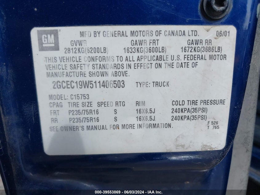2001 Chevrolet Silverado 1500 C1500 VIN: 2GCEC19W511406503 Lot: 39553869