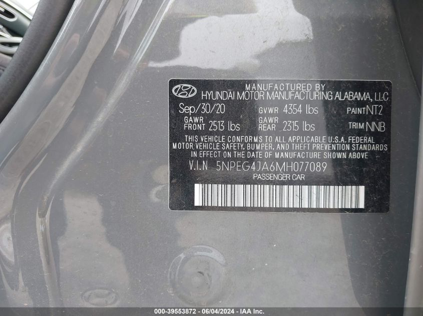 2021 Hyundai Sonata Se VIN: 5NPEG4JA6MH077089 Lot: 39553872