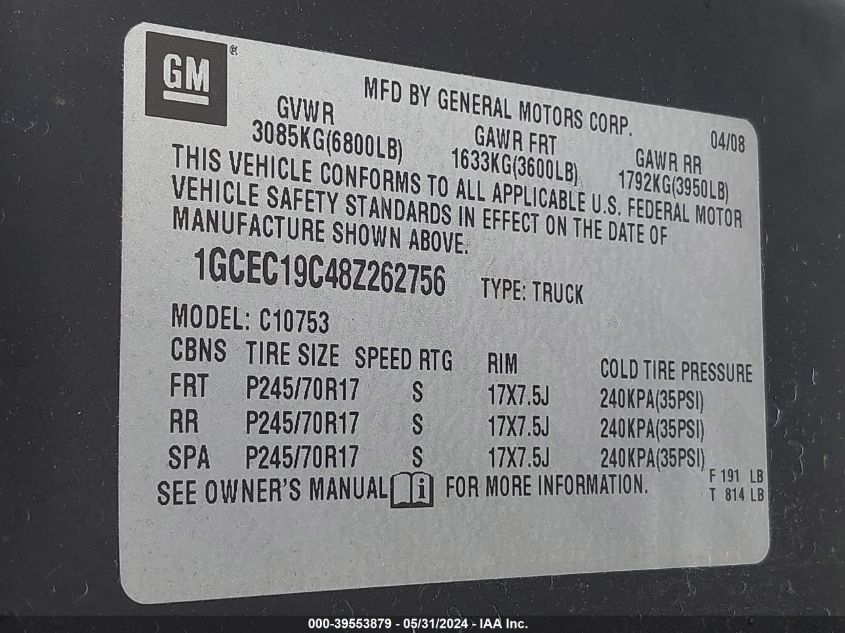 2008 Chevrolet Silverado 1500 Work Truck VIN: 1GCEC19C48Z262756 Lot: 39553879