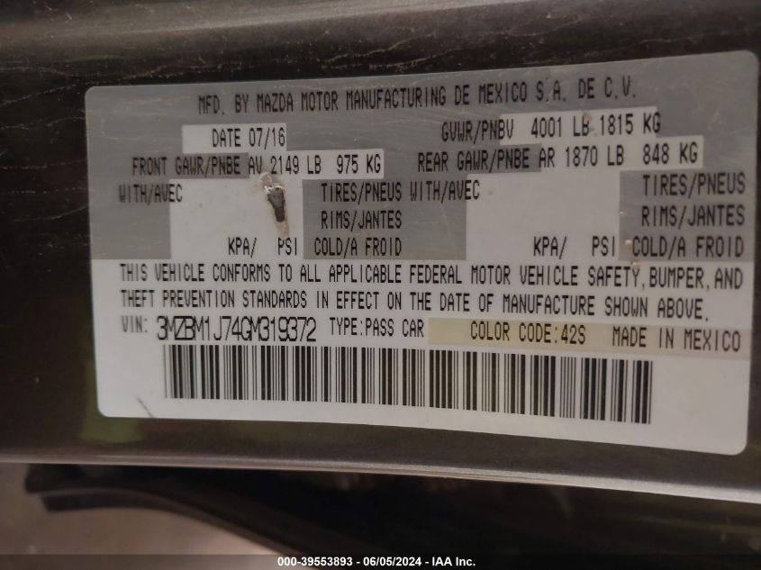 2016 Mazda Mazda3 I Sport VIN: 3MZBM1J74GM319372 Lot: 39553893