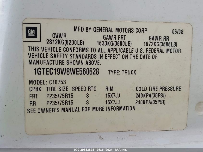 1998 GMC Sierra 1500 Sl Wideside VIN: 1GTEC19W8WE560628 Lot: 39553898