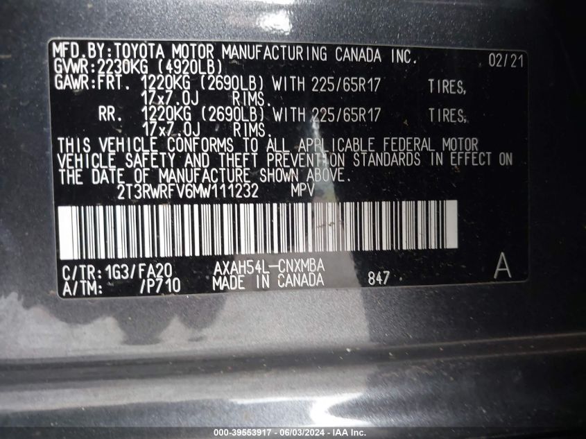 2021 TOYOTA RAV4 XLE HYBRID - 2T3RWRFV6MW111232