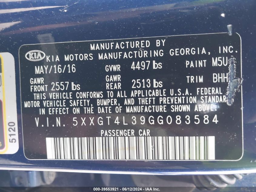 2016 Kia Optima Lx VIN: 5XXGT4L39GG083584 Lot: 39553921