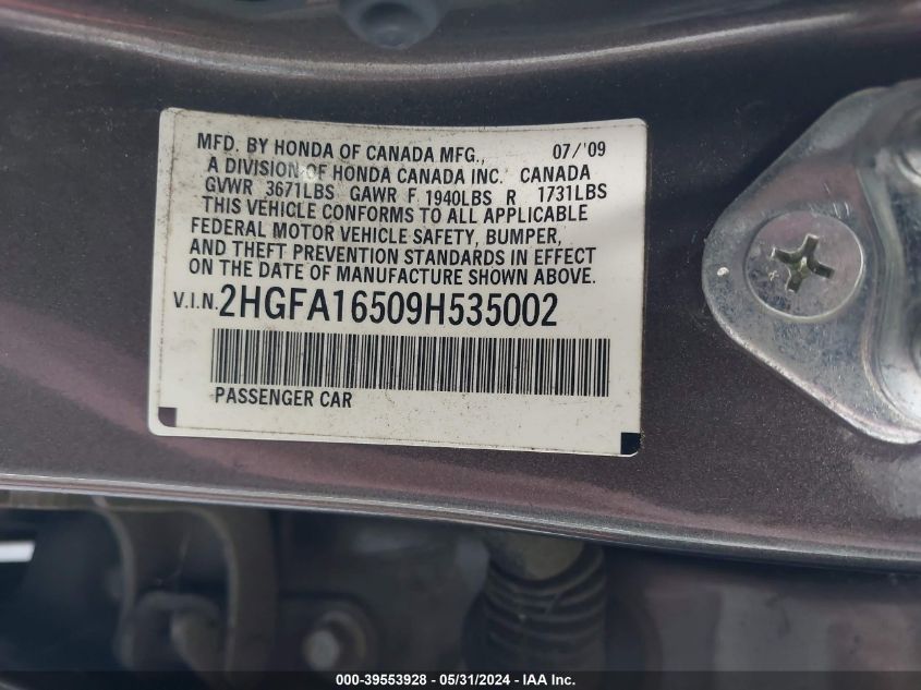 2009 Honda Civic Lx VIN: 2HGFA16509H535002 Lot: 39553928