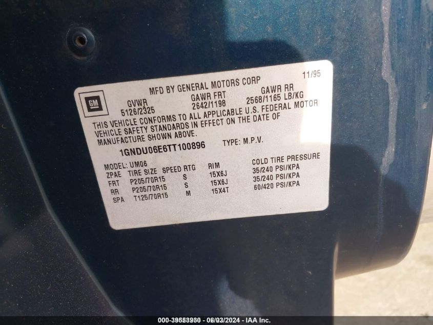 1996 Chevrolet Lumina Apv VIN: 1GNDU06E6TT100896 Lot: 39553930