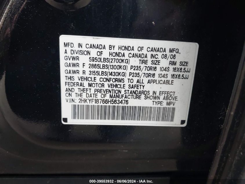 2006 Honda Pilot Ex-L VIN: 2HKYF18766H563476 Lot: 39553932