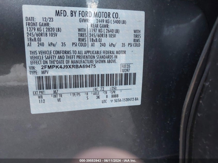 2024 Ford Edge Sel VIN: 2FMPK4J9XRBA69475 Lot: 39553943