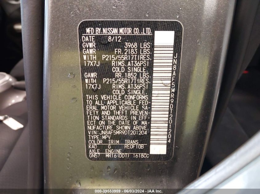 2013 Nissan Juke Sv VIN: JN8AF5MR9DT201204 Lot: 39553959