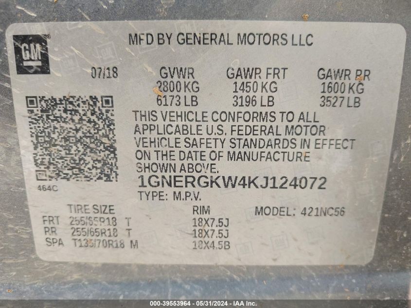 2019 Chevrolet Traverse 1Lt VIN: 1GNERGKW4KJ124072 Lot: 39553964