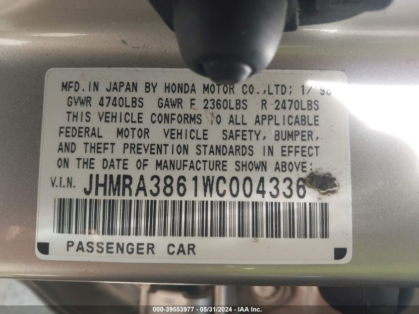 1998 Honda Odyssey Ex/Lx VIN: JHMRA3861WC004336 Lot: 39553977