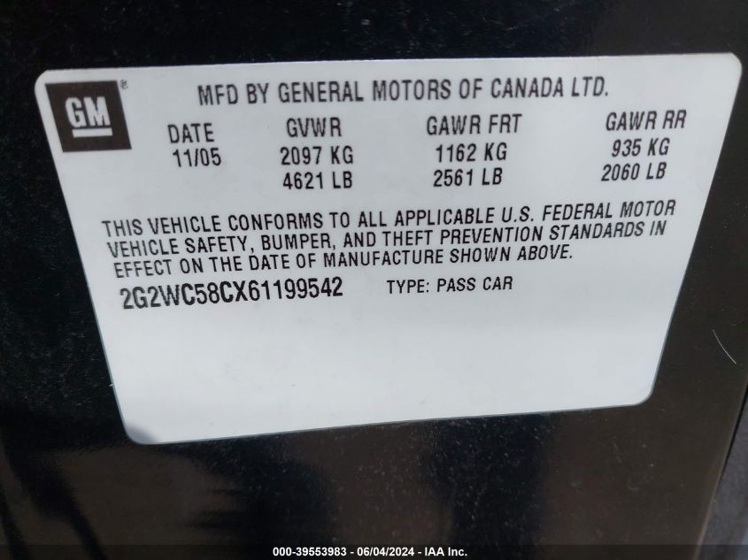 2006 Pontiac Grand Prix Gxp VIN: 2G2WC58CX61199542 Lot: 39553983