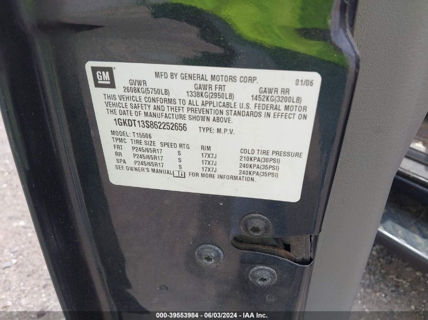 2006 GMC Envoy Slt VIN: 1GKDT13S862252656 Lot: 39553984