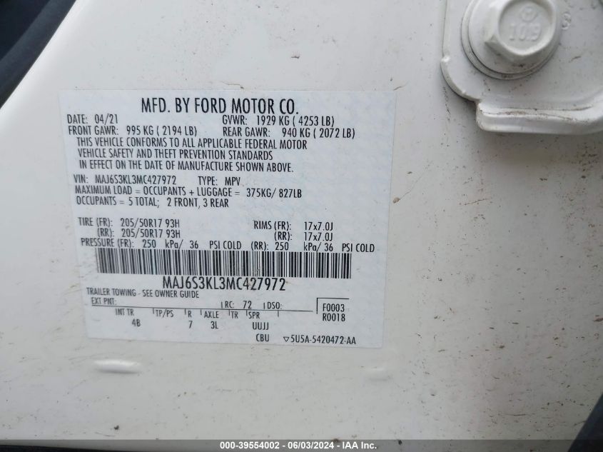 2021 Ford Ecosport Titanium VIN: MAJ6S3KL3MC427972 Lot: 39554002