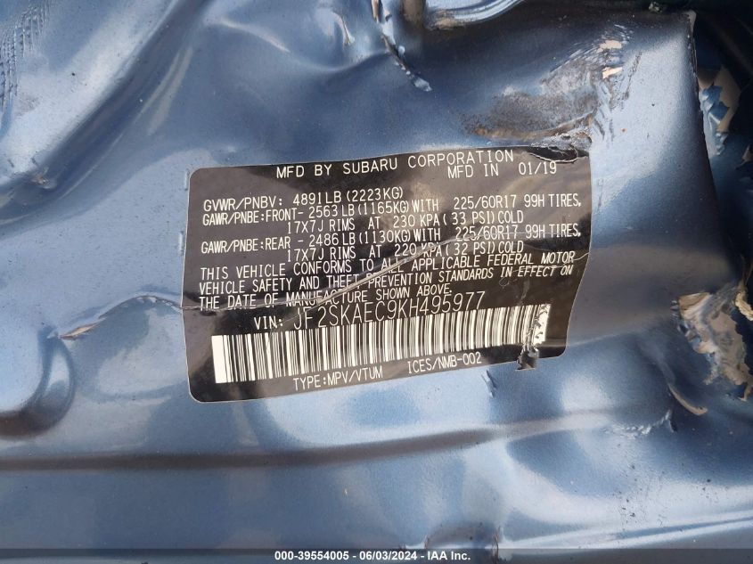 2019 Subaru Forester Premium VIN: JF2SKAEC9KH495977 Lot: 39554005