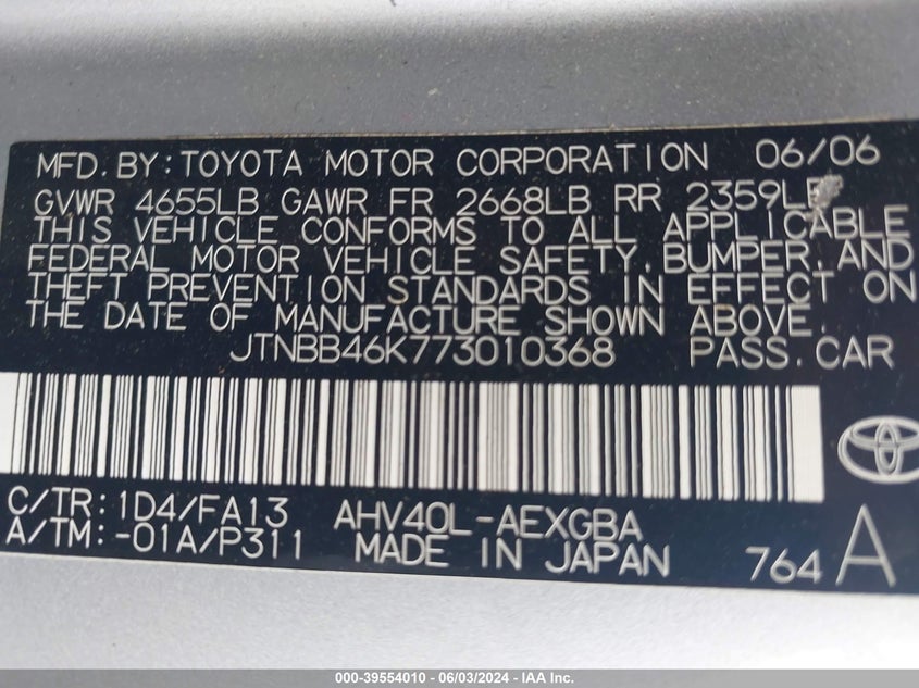 2007 Toyota Camry Hybrid Hybrid VIN: JTNBB46K773010368 Lot: 39554010