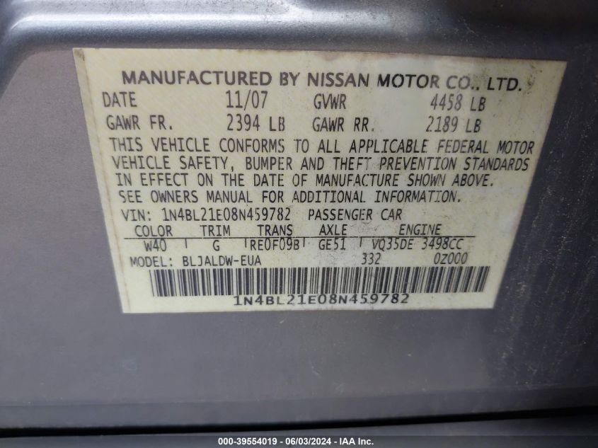 2008 Nissan Altima 3.5 Se VIN: 1N4BL21E08N459782 Lot: 39554019