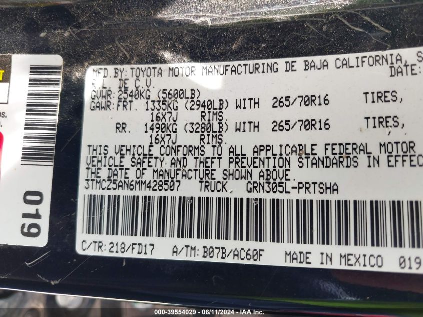 2021 Toyota Tacoma Trd Off-Road VIN: 3TMCZ5AN6MM428507 Lot: 39554029