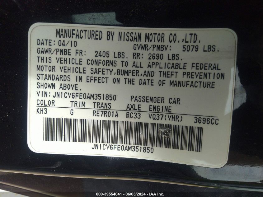 2010 Infiniti G37 VIN: JN1CV6FE0AM351850 Lot: 39554041