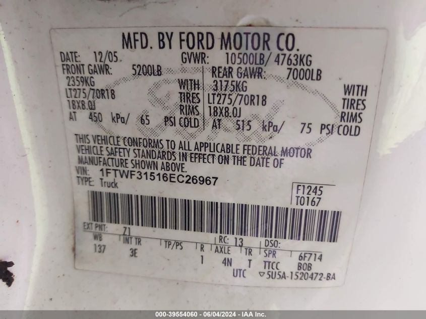 1FTWX31596EB71181 2006 Ford F-350 Lariat/Xl/Xlt