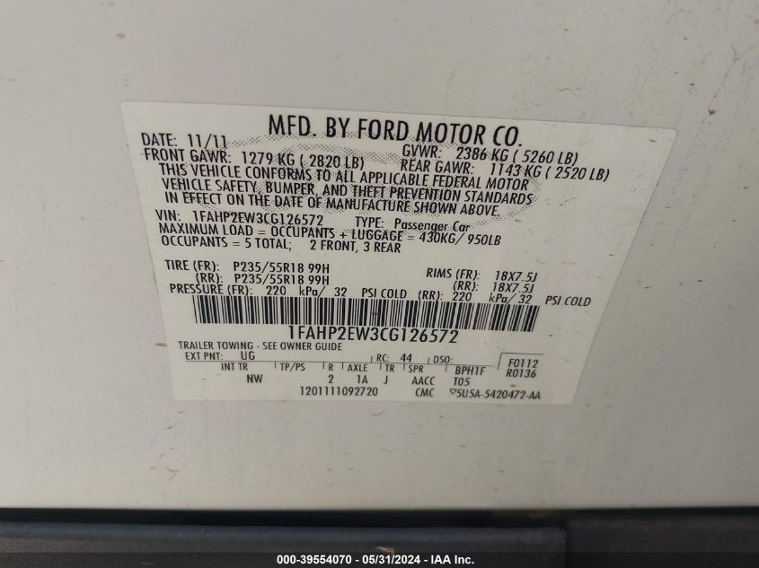 2012 Ford Taurus Sel VIN: 1FAHP2EW3CG126572 Lot: 39554070