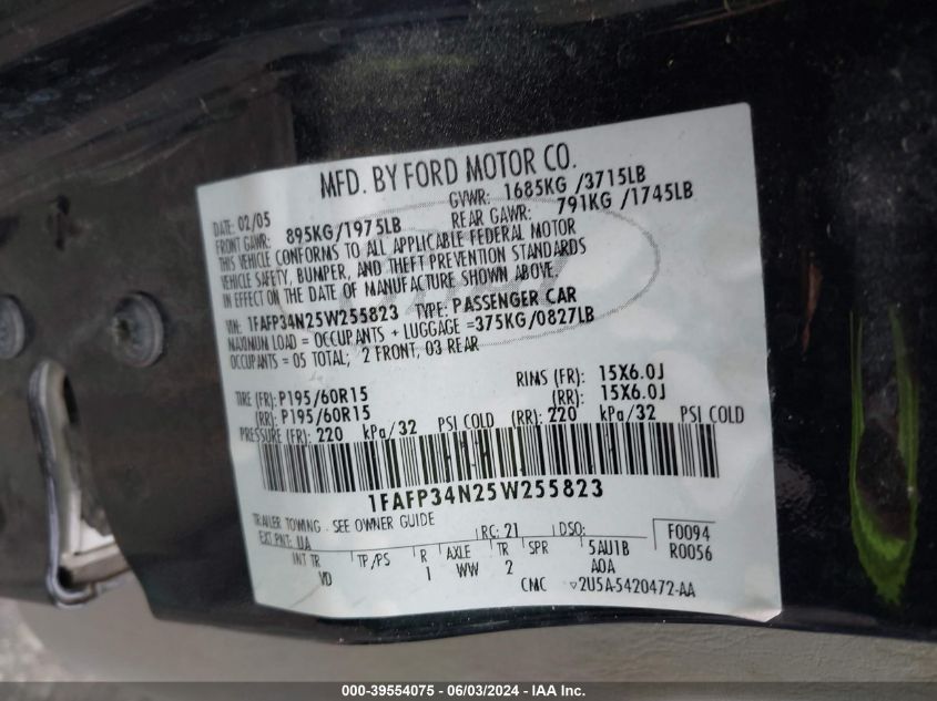 2005 Ford Focus Zx4 VIN: 1FAFP34N25W255823 Lot: 39554075