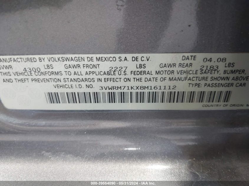 2008 Volkswagen Jetta Se VIN: 3VWRM71KX8M161112 Lot: 39554090