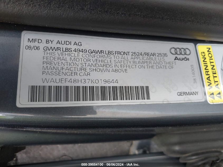 2007 Audi A4 2.0T VIN: WAUEF48H37K019644 Lot: 39554100
