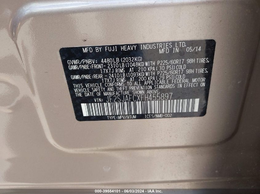 2015 Subaru Forester 2.5I Premium VIN: JF2SJAFCXFH455897 Lot: 39554101