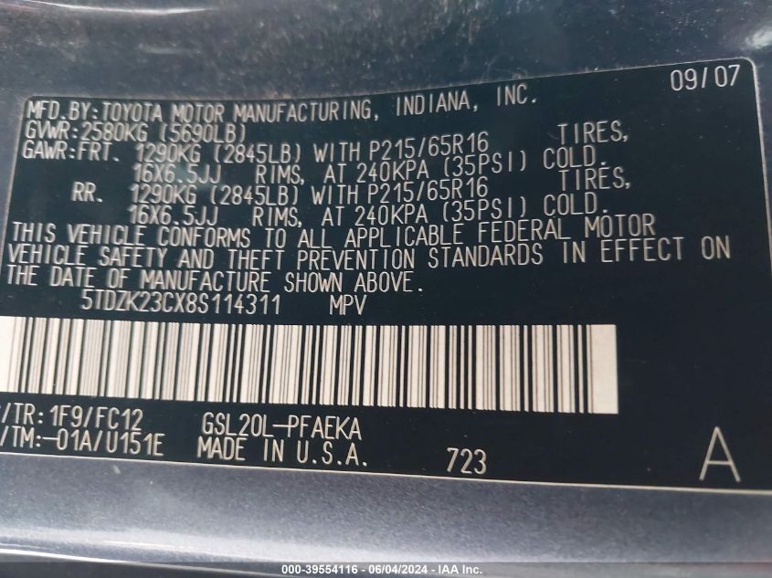 2008 Toyota Sienna Le VIN: 5TDZK23CX8S114311 Lot: 39554116