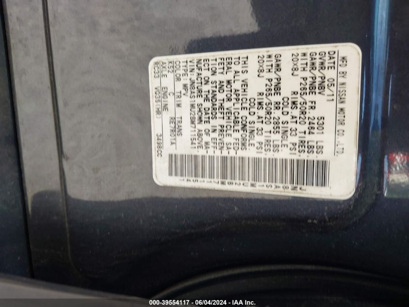 2011 Infiniti Fx35 VIN: JN8AS1MU2BM711541 Lot: 39554117