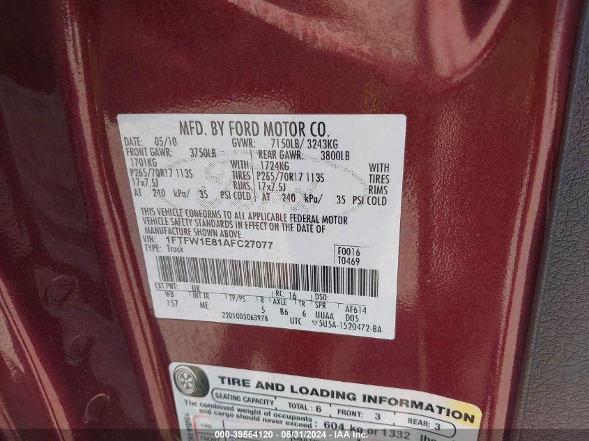 2010 Ford F-150 Xl/Xlt VIN: 1FTFW1E81AFC27077 Lot: 39554120