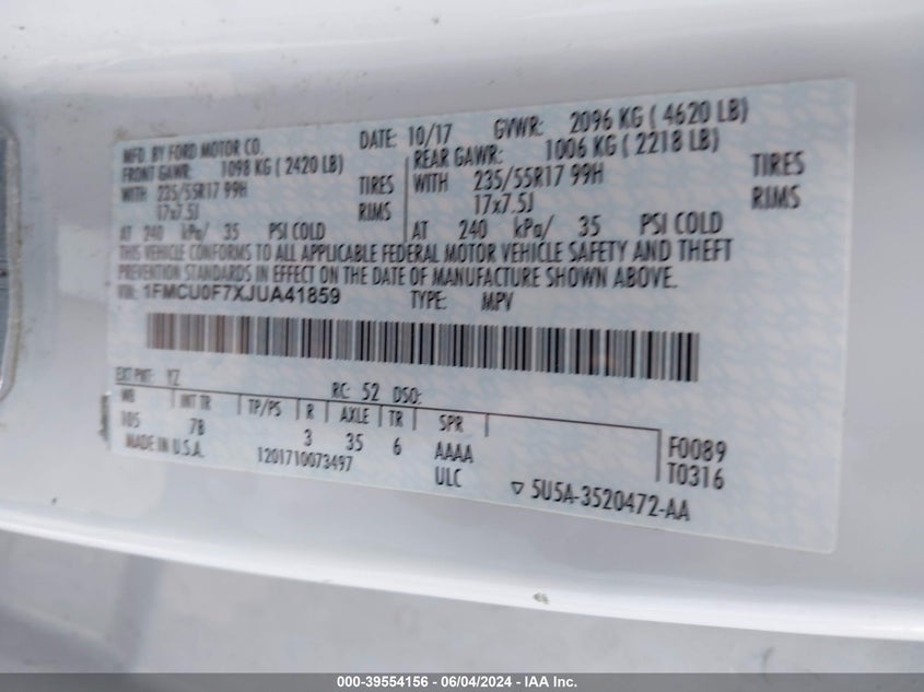 2018 Ford Escape S VIN: 1FMCU0F7XJUA41859 Lot: 39554156