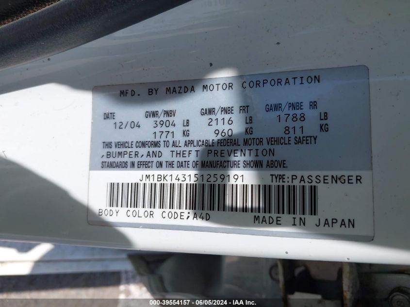 2005 Mazda Mazda3 S VIN: JM1BK143151259191 Lot: 39554157